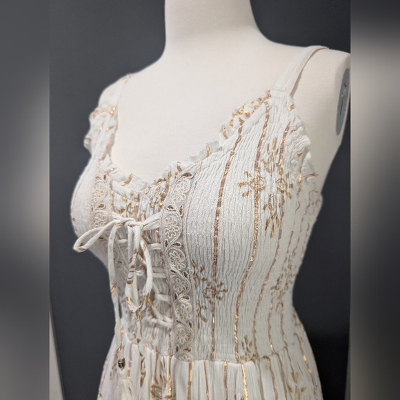 Gold Lurex Embroidered Lace-Up Maxi Dress - Made in India - Size M - Picture 6 of 14